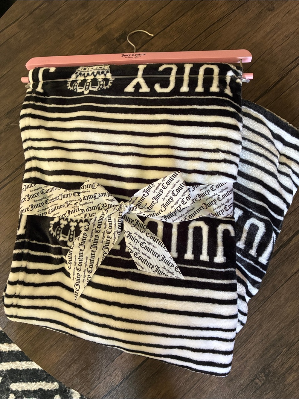 Juicy Couture Black and White Striped Plush Throw Blanket NWT